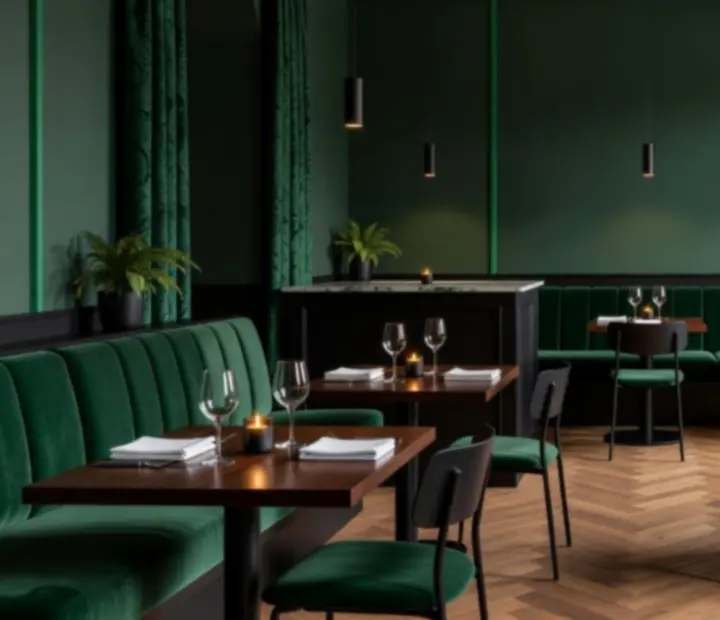 Intérieur cosy d'un bistro avec bois de chêne et lumière tamisée