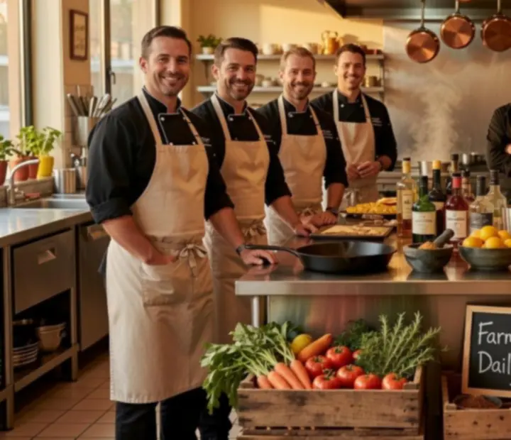 Équipe de chefs et mixologues travaillant ensemble dans une cuisine ouverte