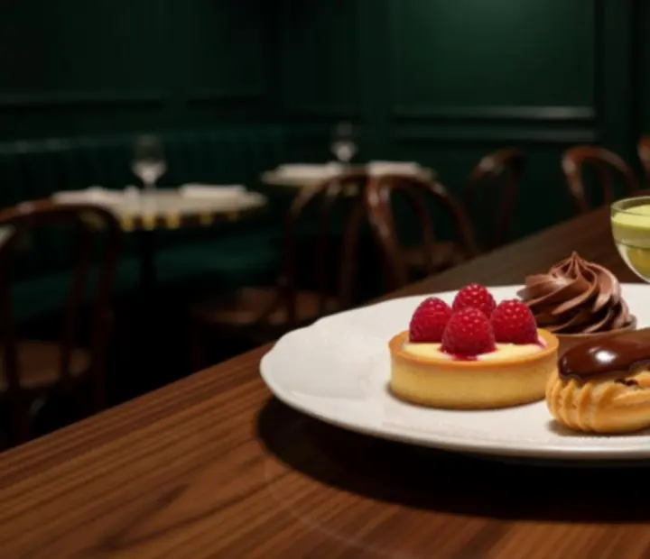 Assiette de dessert artisanal dressée sur fond sombre