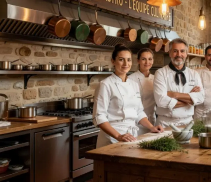 Équipe de chefs devant la cuisine ouverte