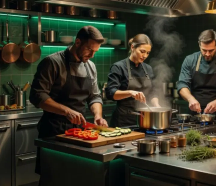 Équipe de cuisine en préparation dans un passe de bistro gastronomique