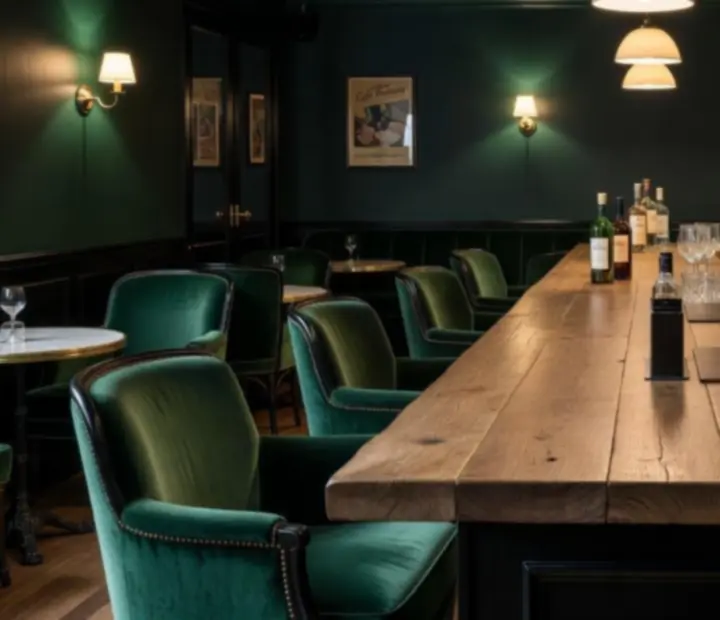 Bar &eacute;meraude Meilleurindex avec comptoir en bois massif et lumi&egrave;res tamis&eacute;es