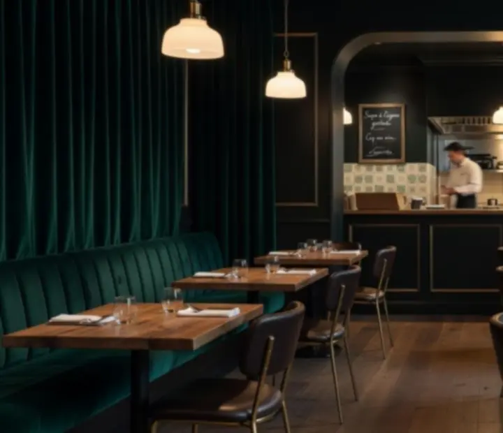 Salle de bistro tamisée avec boiseries et lumières émeraude