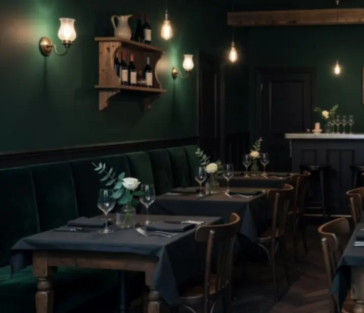 Salle de bistro intimiste aux tons émeraude et lumière tamisée