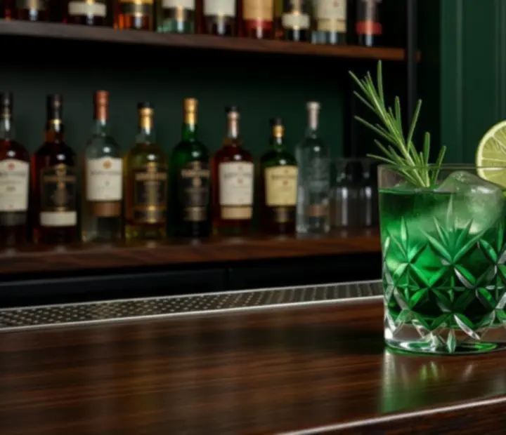 Bar à cocktails émeraude avec ambiance club chic