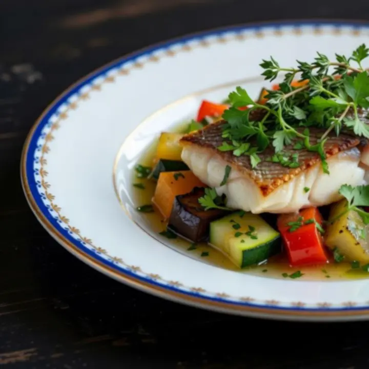 Gros plan d'un plat gastronomique dressé sur assiette sombre