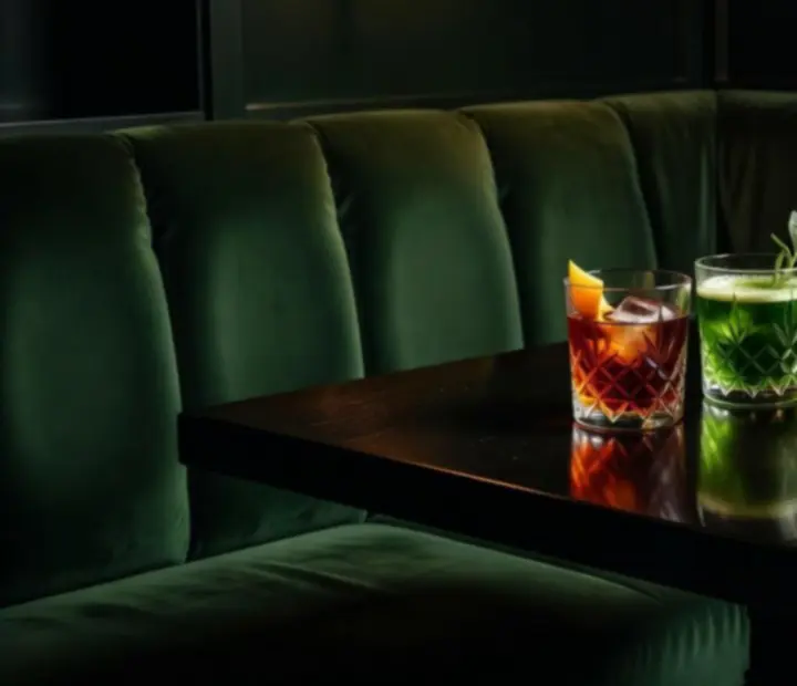 Ambiance nocturne feutr&eacute;e au bar Meilleurindex, lumi&egrave;res douces et flacons align&eacute;s