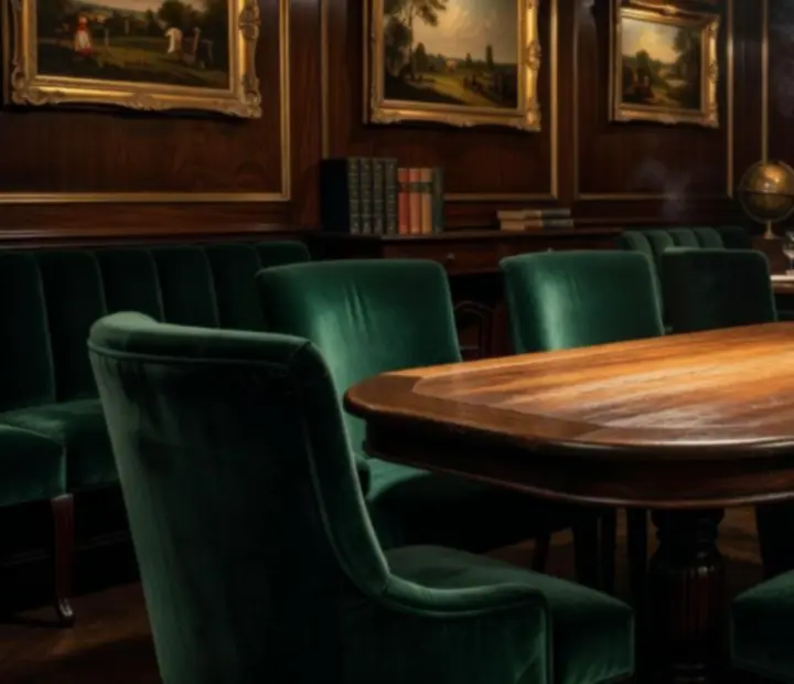 Salon de poker privé avec tables en bois et fauteuils velours