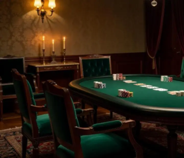 Salon de cartes privé prêt pour une card night élégante avec table de poker et ambiance tamisée