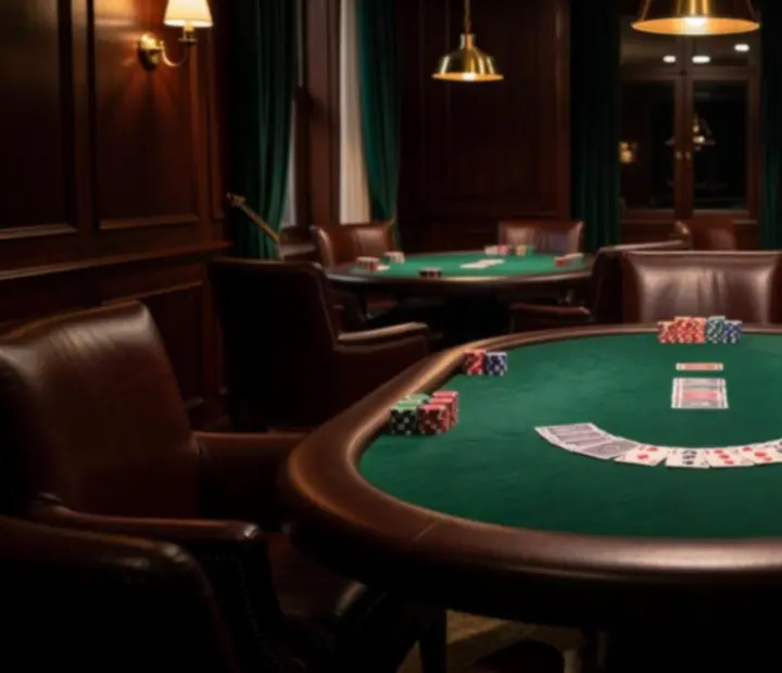 Table de cartes dans un salon feutré avec jetons et cartes