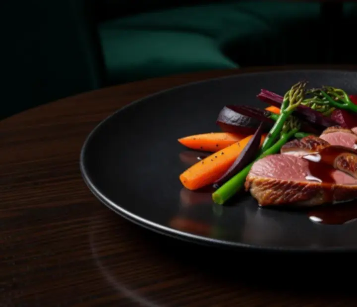 Plat principal gastronomique à base de viande, dressage contemporain