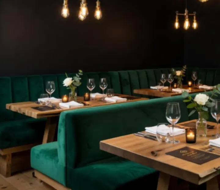 Salle privatisée chez Meilleurindex avec grande table dressée, lumière tamisée et ambiance club chic